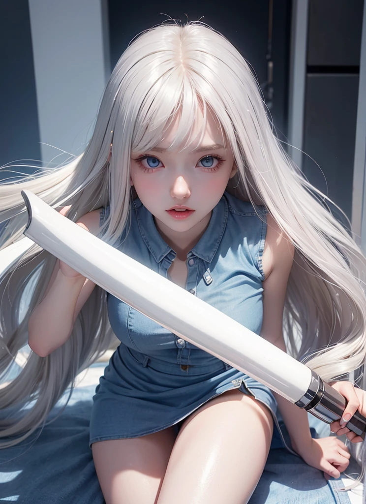 student clothes、a miniskirt、Glowing white shiny skin、Sexy and very beautiful good looks、Nice and cute face、Gorgeous shiny platinum blonde hair、Super Long Straight Hair、Big eyes of light blue with a radiant transparency、Long bangs、Sexy beautiful cute beautiful girl