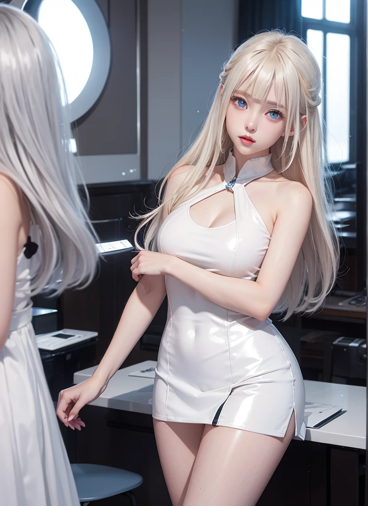 student clothes、a miniskirt、Glowing white shiny skin、Sexy and very beautiful good looks、Nice and cute face、Gorgeous shiny platinum blonde hair、Super Long Straight Hair、Big eyes of light blue with a radiant transparency、Long bangs、Sexy beautiful cute beautiful girl