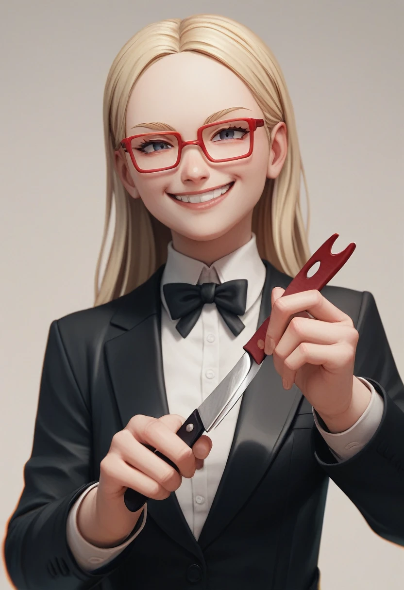 (a blonde woman with long hair smiling), (only the bust), (Black Suit), (Red glasses), (open fathom holding fork), (holding a knife), (3d style image).