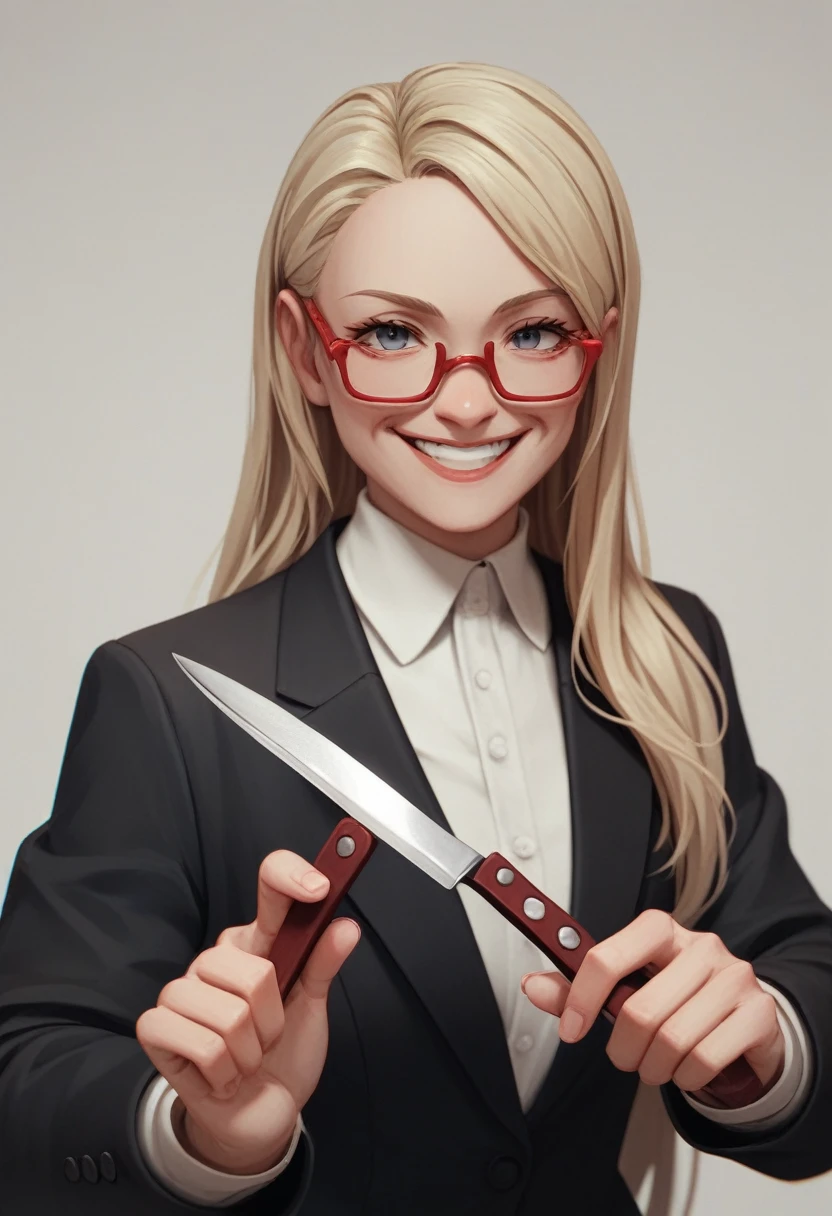 (a blonde woman with long hair smiling), (only the bust), (Black Suit), (Red glasses), (open fathom holding fork), (holding a knife), (3d style image).