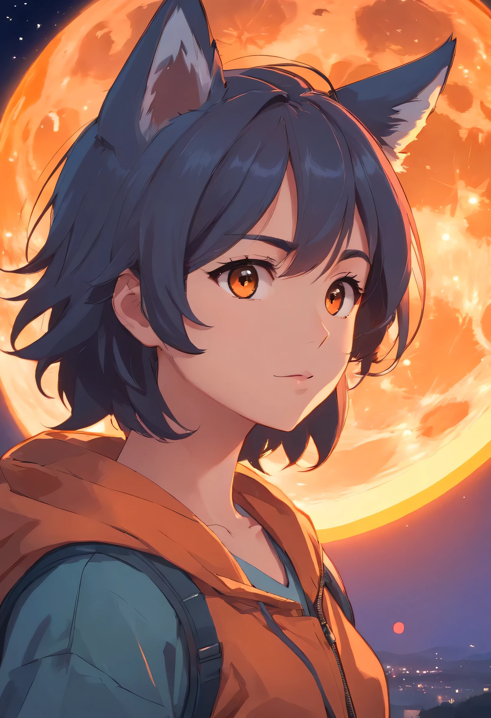 The wolf groaned Orange Moon，head portrait，ember，beast ear，Handsome