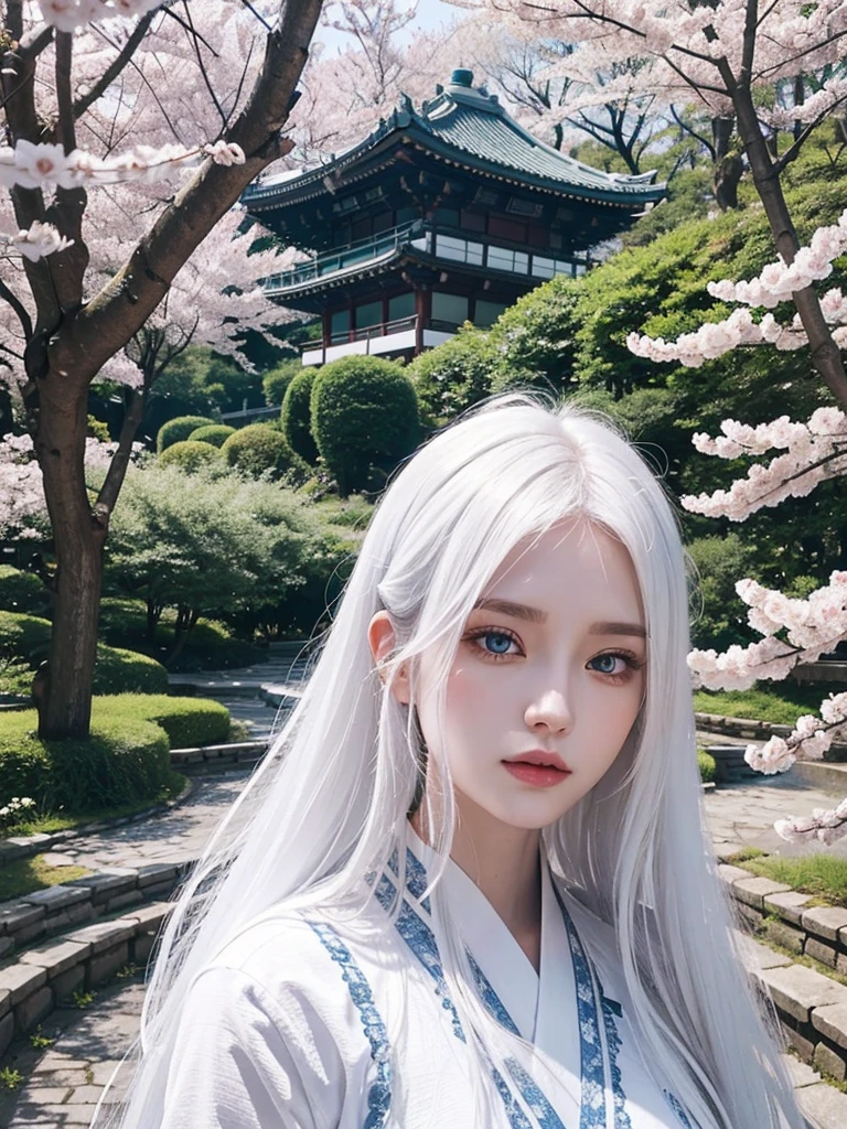 Long white hair, blue eyes, serious features, white skin, loose style, in a garden, with flowers , in the forest ,in the Sakura Korea ,Korean Palace