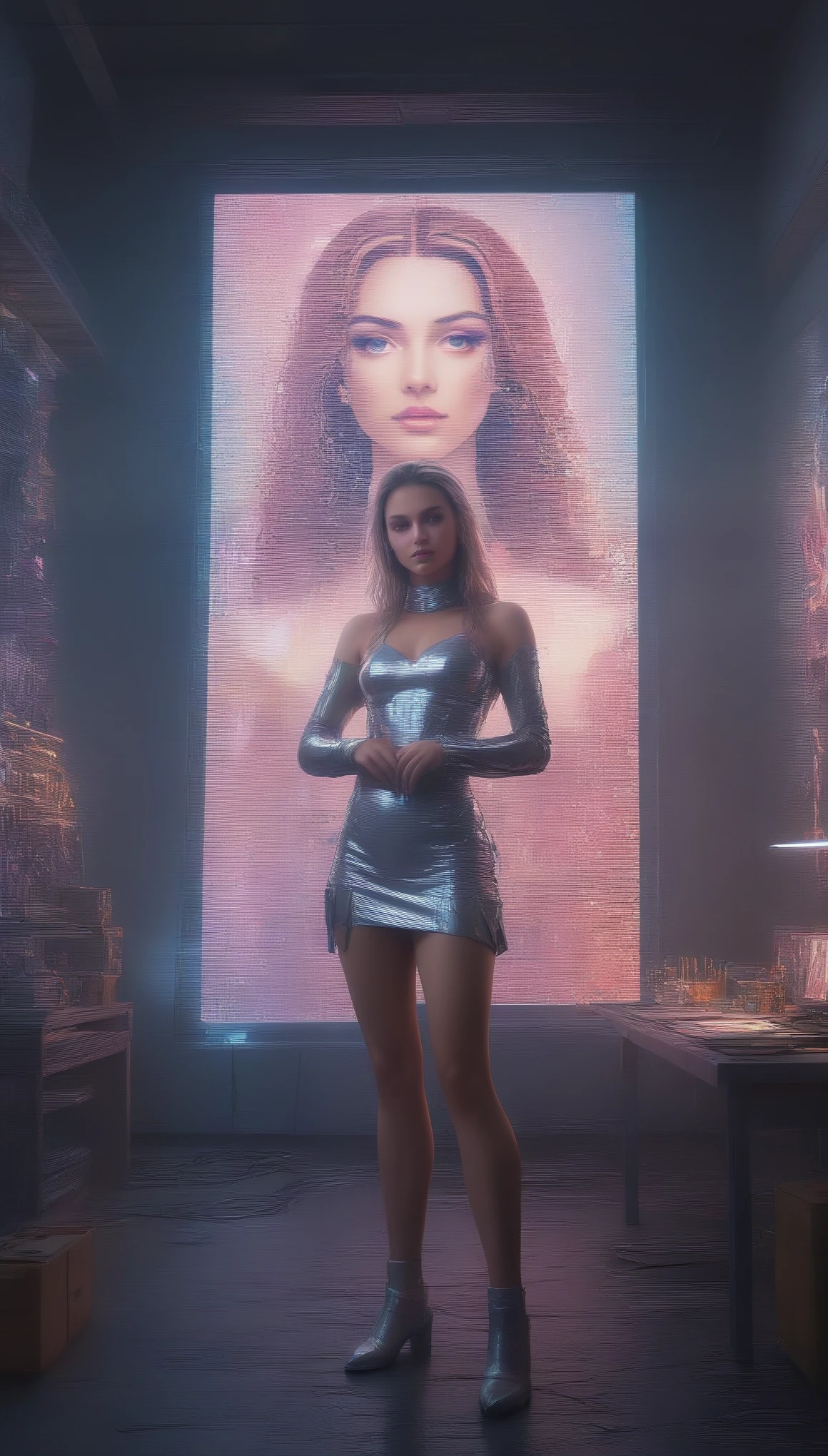 a cyborg girl standing in a large bright studio, engaged in creating a self-portrait on canvas, depicted in majestic beauty and elegance, her metallic skin reflecting light creating a play of hues like an expensive jewelry, long metal hair framing her face, bright eyes shimmering with light, staring ahead with confidence and creative inspiration, graceful pose showing off her grace, strength and fine mechanical limbs, hands holding brushes immersed in the creative process, the outline of the self-portrait with oil paints coming to life under her dexterous fingers, gaining depth and volume with bright hues and rich colors, a gorgeous and amazing scenario combining the beauty of art, power and technological advancement, beautiful shiny smooth, high quality, best quality, absurdres, masterpiece, beautiful, intricate details, 1/2 body crop, slim body, beautiful figure, magnificent anatomy, intricate details:1.12, HDR, intricate details, hyper-detailing:1.15, natural skin textures, hyper realistic, soft light, sharp:1.2