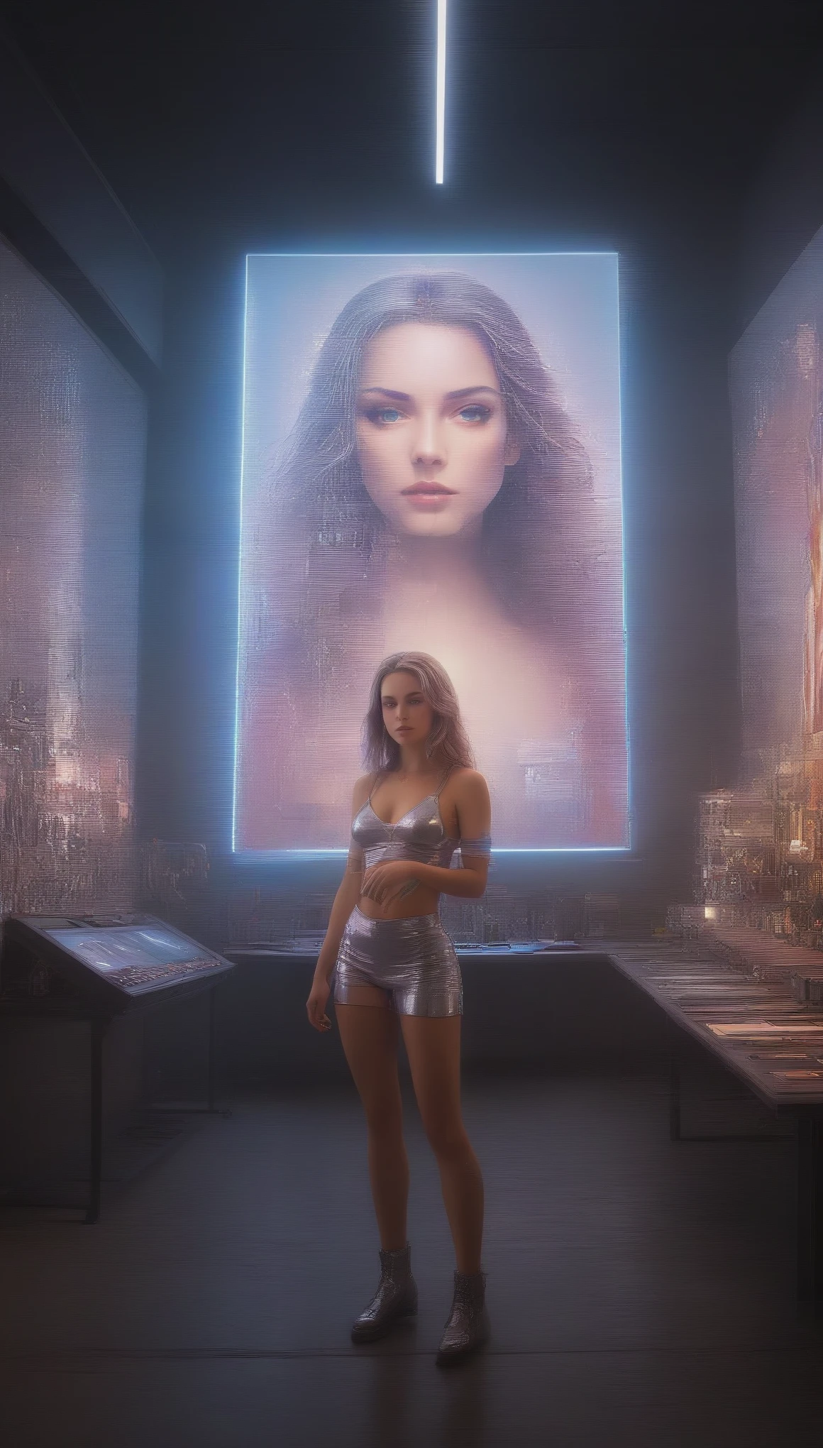 a cyborg girl standing in a large bright studio, engaged in creating a self-portrait on canvas, depicted in majestic beauty and elegance, her metallic skin reflecting light creating a play of hues like an expensive jewelry, long metal hair framing her face, bright eyes shimmering with light, staring ahead with confidence and creative inspiration, graceful pose showing off her grace, strength and fine mechanical limbs, hands holding brushes immersed in the creative process, the outline of the self-portrait with oil paints coming to life under her dexterous fingers, gaining depth and volume with bright hues and rich colors, a gorgeous and amazing scenario combining the beauty of art, power and technological advancement, beautiful shiny smooth, high quality, best quality, absurdres, masterpiece, beautiful, intricate details, 1/2 body crop, slim body, beautiful figure, magnificent anatomy, intricate details:1.12, HDR, intricate details, hyper-detailing:1.15, natural skin textures, hyper realistic, soft light, sharp:1.2