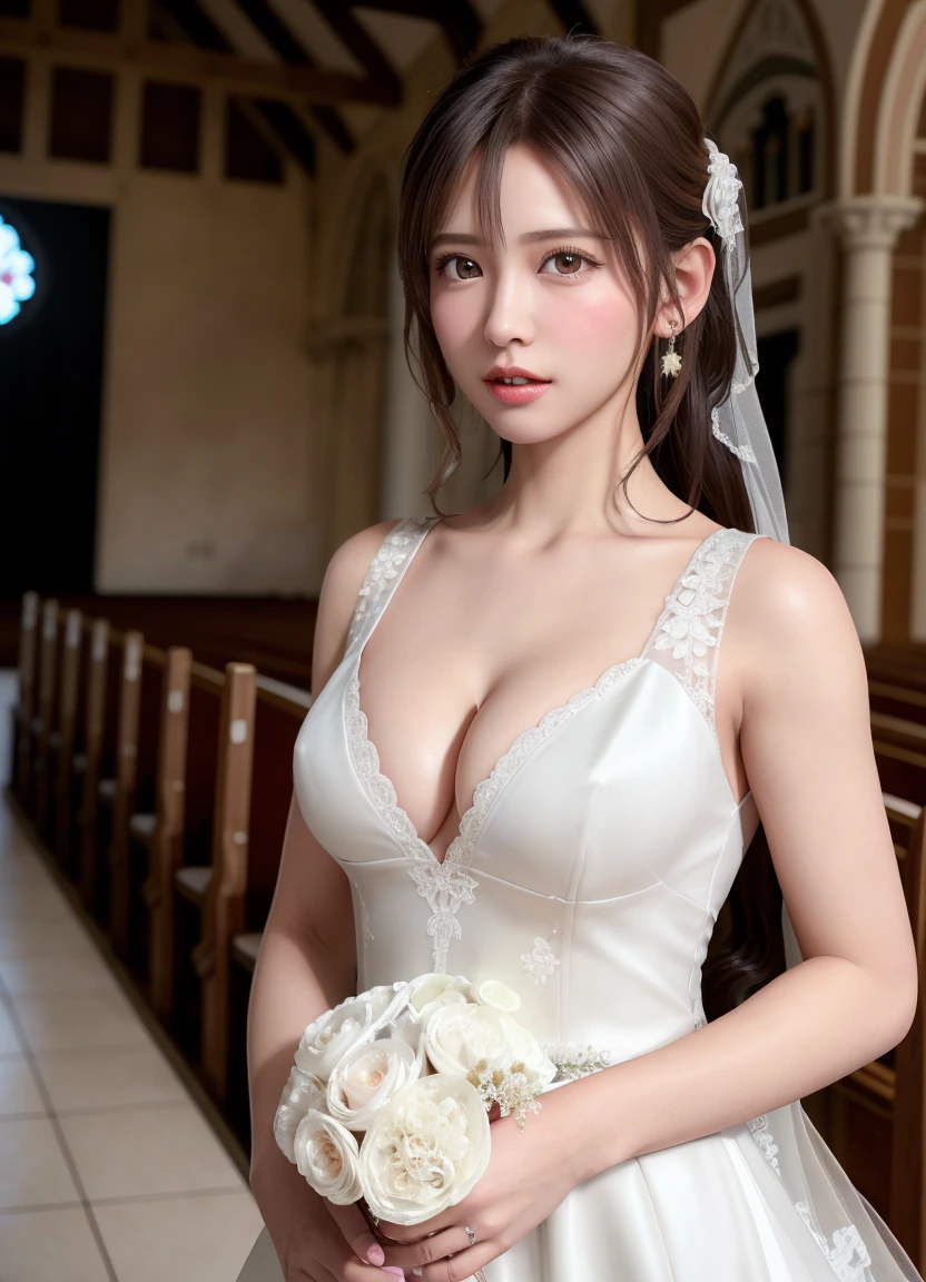 (8K, Photorealistic, Raw photo, of the highest quality: 1.3), (nsfw), (1girl in), Super beautiful, (Realistic face), (boyish, Silver Color Berry Shorthair), Beautiful, (wearing a white wedding dress、floral dress、cleavage、with small neckrace and earring:1.3), Glare that captivates the viewer, Beautiful expression, Beautiful breasts, (Realistic skin), (small breasts), (in church, wedding),
