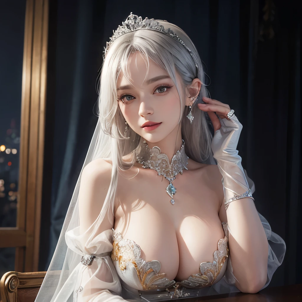 Girl, transparent, see through, silver and gold dress, topless, silver hair, tiara, glove, chokes, silver long sleeves, silver veils, ear wear, detailed hand, oval face, smile, picture form top to knee, sexy pose, extra large breasts, look at camera, camera from top, detailed, night, castle background, photorealistic, best quality
