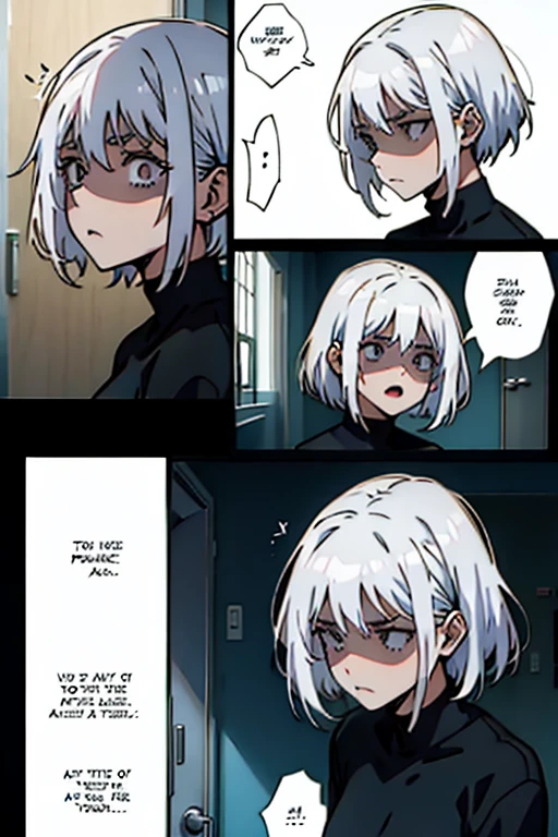 Girl with short white hair small and really skinny, feeling extremely sick, detailed illness, coughing blood, fainting , throwing up, manga page with panels and dialogue