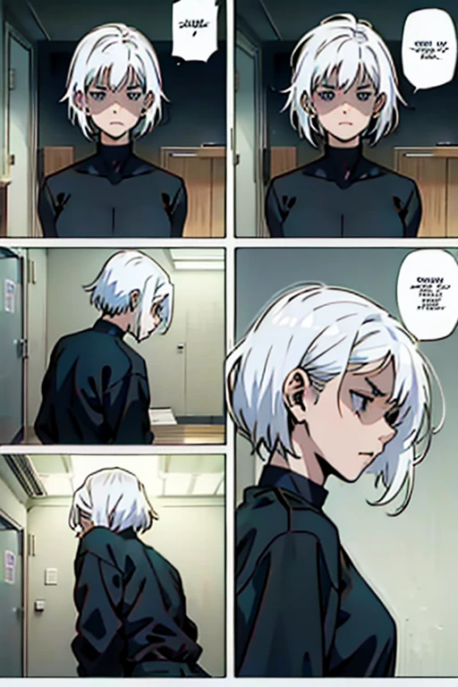 Girl with short white hair small and really skinny, feeling extremely sick, detailed illness, coughing blood, fainting , throwing up, manga page with panels and dialogue    