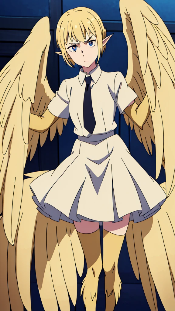 1girl,20s,happy,white shirt,black standard tie,short sleeves,white school skirt,short hair,blonde hair,pointy ears,((harpy,harpy wings)),(extremely detailed CG unity 8k wallpaper, masterpiece, best quality, ultra-detailed, highres, absurdres), (anime:1.4), (illustration),disgusted face,shaded_face,