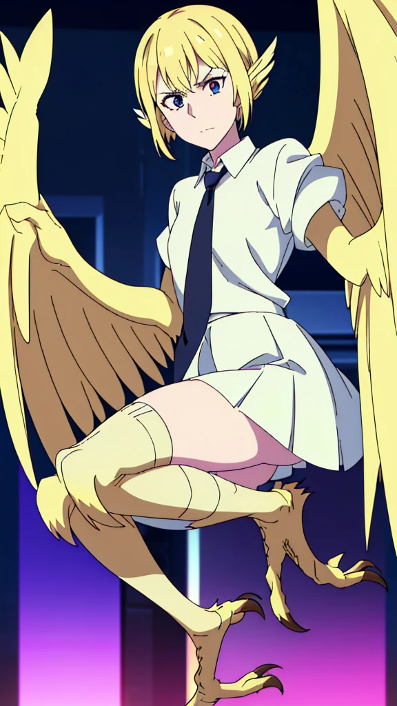 1girl,20s,happy,white shirt,black standard tie,short sleeves,white school skirt,short hair,blonde hair,pointy ears,((harpy,harpy wings)),(extremely detailed CG unity 8k wallpaper, masterpiece, best quality, ultra-detailed, highres, absurdres), (anime:1.4), (illustration),disgusted face,shaded_face,