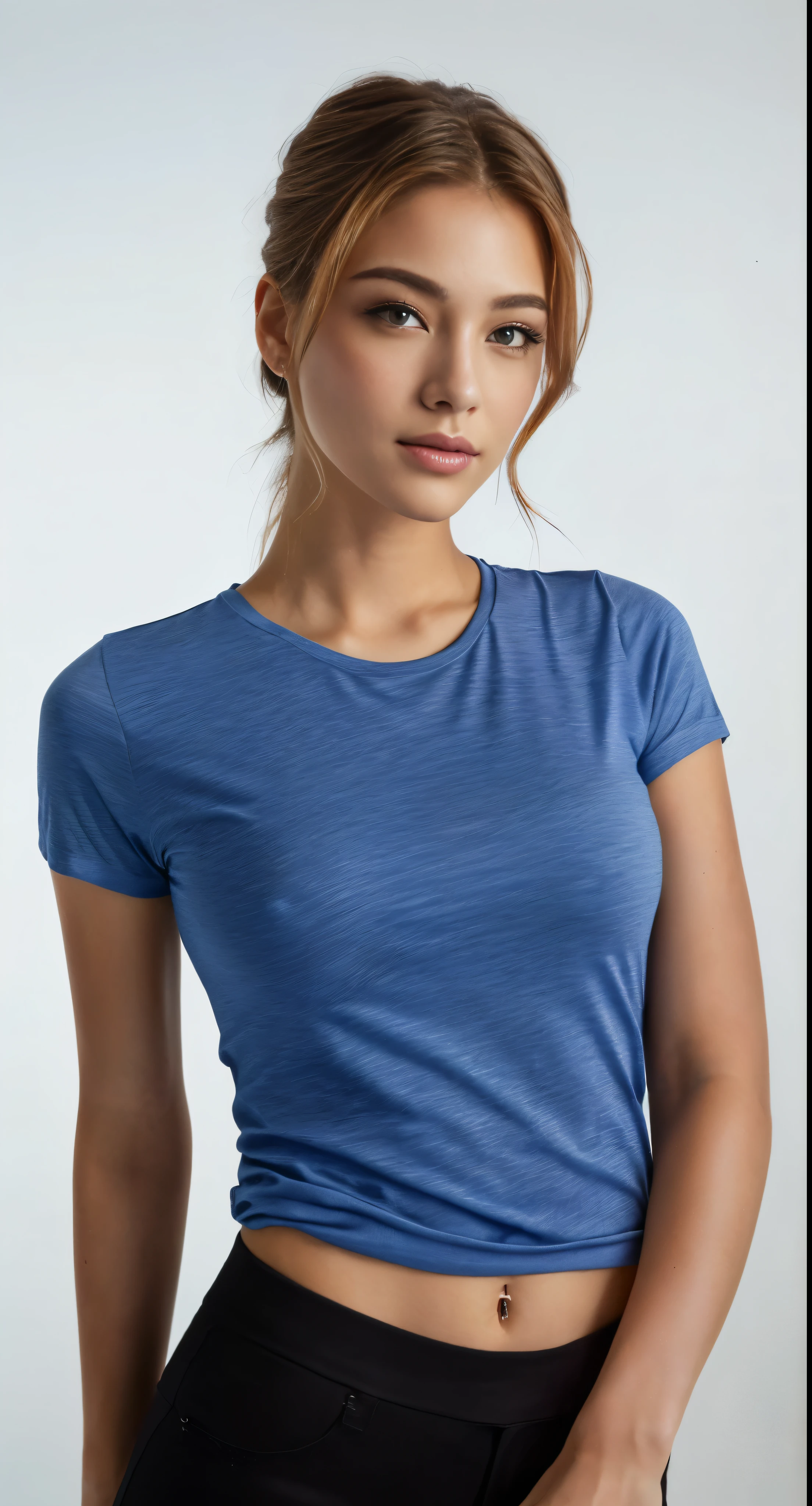 arafed woman in a blue top posing for a picture, blue tight t-shirt, manga curta, Full-body close-up, close-up of the upper body, full subject shown in photo, wearing tight shirt, close-up of the upper body, official product image, full product shot, tight shirt, perfect detail, your face flushed and sweaty, official product photo, centre image