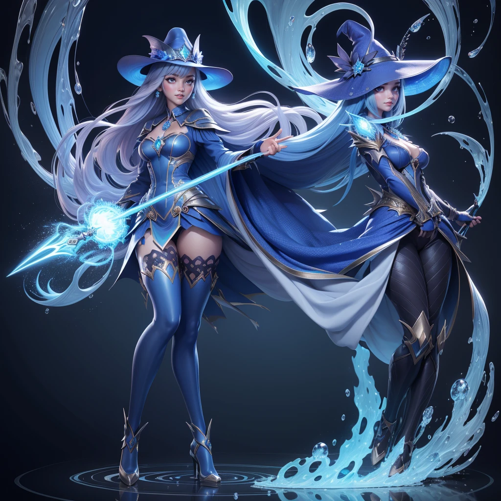 Beautiful eyes Artificial Empathy, she has this big beautiful wand, ((full body view)),((blue fire power art)) , quality rendering, 8k resolution UHD, with transparent background, highly detailed, has blue silky smooth hair with a detailed pointy hat, ((pattsun bangs)), blue detailed outfit dress with high socks, wearing magic shoes with diamonds, necklaces and earing, ((Few droplets of water effect falling)).