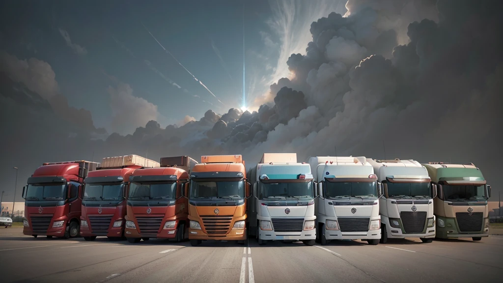 Please generate an illustration of Logistics Navigation. The background should show a world map laid on the ground with several large trucks parked on it and boxes irregularly stacked around. In the sky, add effects indicating GNSS signal reception. The image should depict how GNSS technology helps logistics companies optimize navigation, enhance resource efficiency, and monitor operator behavior, thereby reducing accidents and ensuring vehicle and equipment health. The photo angle can be from the left or right side, but not from the front. The theme should present technology, innovation, and information security. No text on the image. The photo style should be natural, minimalist, sci-fi, bright, and with natural colors.