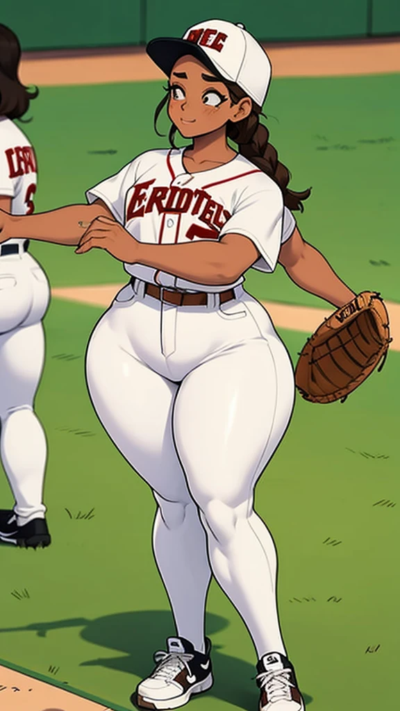 Baseball player,White uniform, baseball cap, brown braids hair, curvy, tan skin