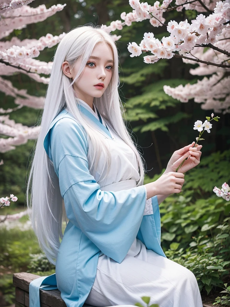 Long white hair, blue eyes, serious features, white skin, loose style, in a garden, with flowers , in the forest ,in the Sakura Korea ,Korean Palace 