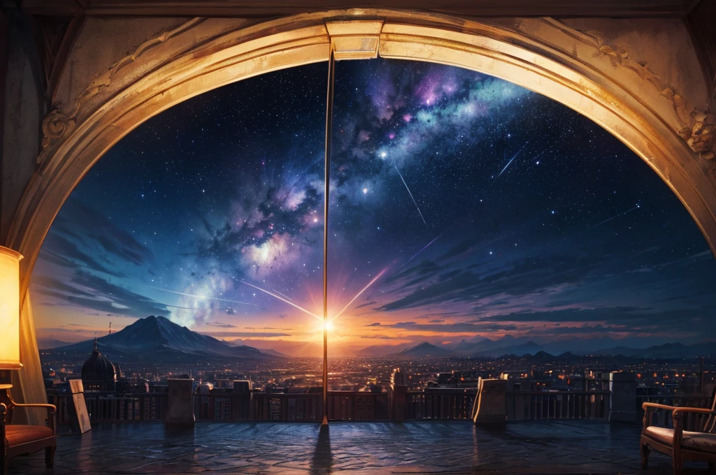 (Masterpiece),(Highest quality:1.4), (Highest Detailed:1.3),no human, expansive landscape photograph, (a view from In the darkness of the night,A lone wolf roams with pride,Seeking power and might,For a kingdom to reside), (full moon:1.2), ( shooting stars:0.9), (nebula:1.3), distant mountain, tree BREAK production art, (warm light source:1.2), (Firefly:1.2), lamp, lot of purple and orange, intricate details, volumetric lighting, realism BREAK (masterpiece:1.2), (best quality), 4k, ultra-detailed, (dynamic composition:1.4), highly detailed, colorful details,( iridescent colors:1.2), (glowing lighting, atmospheric lighting), dreamy, magical, (solo:1.2)
