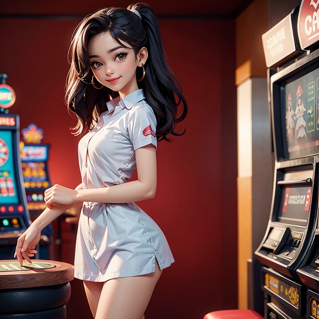 happy and smile, indonesian girl wearing high , teasing you, waiting customer play, work as casino customer service, standing in between slot machine, red casino background, have tittle COBLOS4D