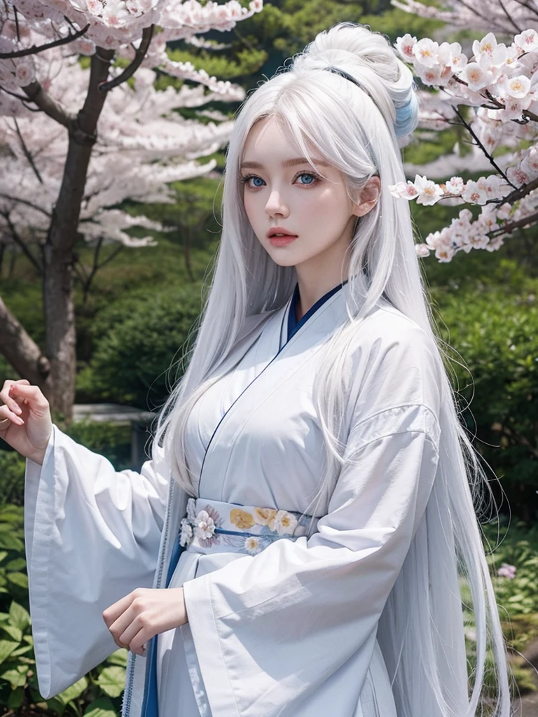 Long white hair, blue eyes, serious features, white skin, loose style, in a garden, with flowers , in the forest ,in the Sakura Korea ,Korean Palace 