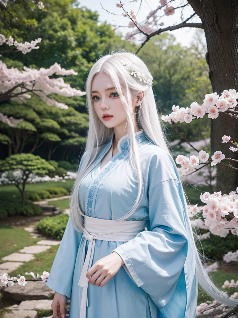 Long white hair, blue eyes, serious features, white skin, loose style, in a garden, with flowers , in the forest ,in the Sakura Korea ,Korean Palace 