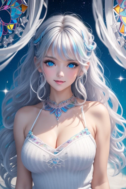 best quality, 32k, RAW photo, incredibly absurdres, extremely detailed, delicate texture, platinum-silver messy wavy medium hair, side braided, beautiful woman, shining blue big eyes, amorous and lewd expression, happy, shy, wearing iridescent white-based loose cute girly knit fashion, superlative body proportion, background fine stained glass kaleidoscope with a retro feel, iridescent pastel colour, wind