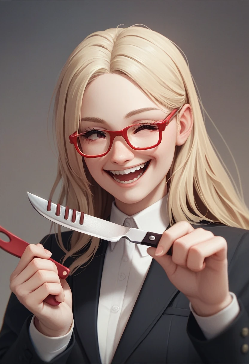 (a happy long hair blonde woman), (only the bust), (Black Suit), (Red glasses), (open fathom holding fork), (holding a knife), (3d style image).
