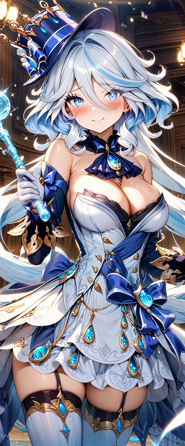 (masterpiece), best quality, expressive eyes, perfect face,1girl,furina,genshin impact,opera hall,stage,confetti,bubbles in the air,(water magic wand),holding,holding wand,shy smile,blush,cowboy shot,glowing eyes,big breasts,cleavage,long hair,strapless,bare shoulder,magical girl,frilled dress,frilled layered skirt,thighhigh stockings,studio lighting,(sparkle:0.9),(glitter:0.9)