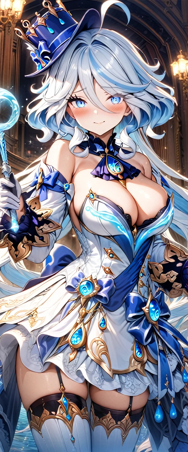 (masterpiece), best quality, expressive eyes, perfect face,1girl,furina,genshin impact,opera hall,stage,confetti,bubbles in the air,(water magic wand),holding,holding wand,shy smile,blush,cowboy shot,glowing eyes,big breasts,cleavage,long hair,strapless,bare shoulder,magical girl,frilled dress,frilled layered skirt,thighhigh stockings,studio lighting,(sparkle:0.9),(glitter:0.9)