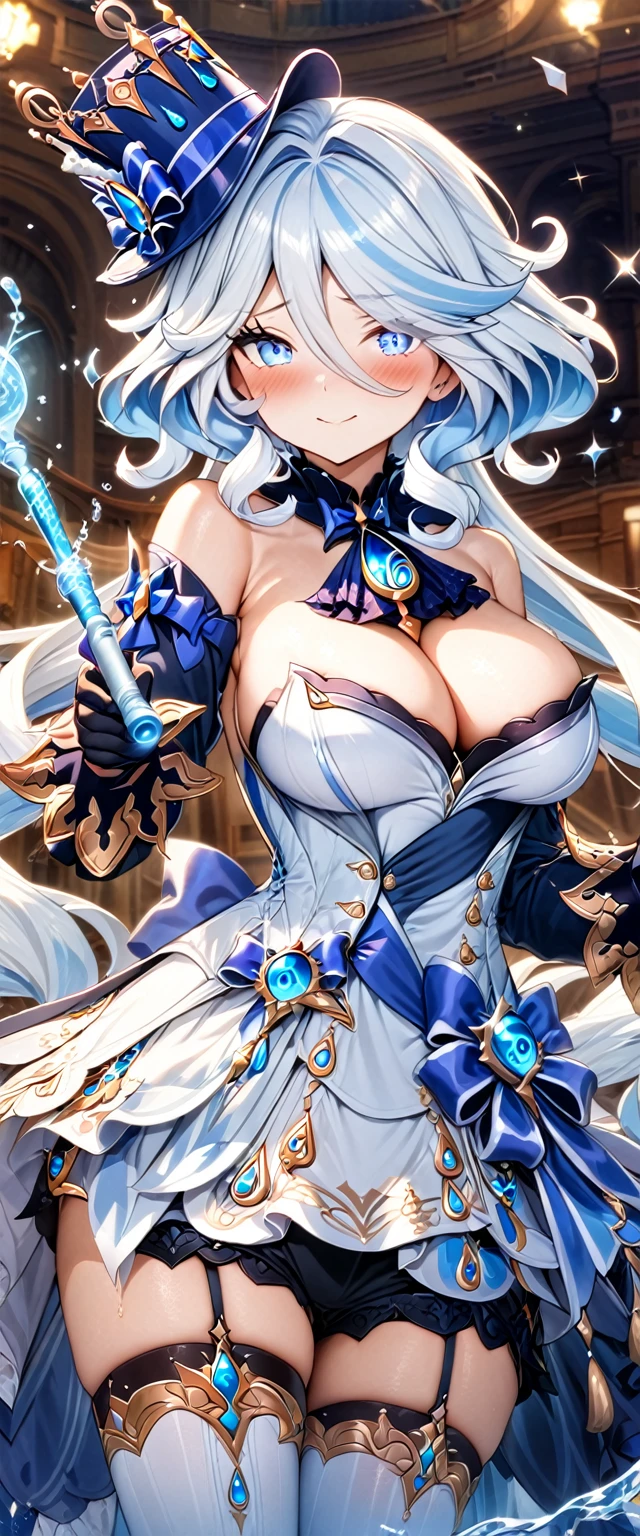 (masterpiece), best quality, expressive eyes, perfect face,1girl,furina,genshin impact,opera hall,stage,confetti,bubbles in the air,(water magic wand),holding,holding wand,shy smile,blush,cowboy shot,glowing eyes,big breasts,cleavage,long hair,strapless,bare shoulder,magical girl,frilled dress,frilled layered skirt,thighhigh stockings,studio lighting,(sparkle:0.9),(glitter:0.9)