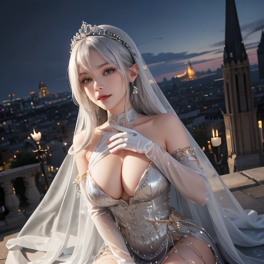 Girl, transparent, see through, silver and gold dress, topless, silver hair, tiara, glove, chokes, silver long sleeves, silver veils, ear wear, detailed hand, oval face, smile, picture form top to knee, sexy pose, extra large breasts, look at camera, camera from top, detailed, night, castle background, photorealistic, best quality