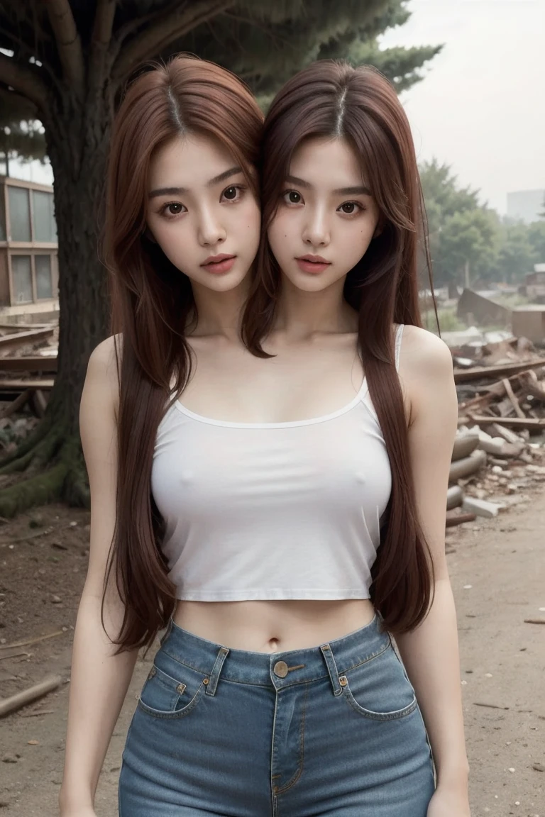 1girl, Korean Woman, look at viewer, bangs, long hair, (red hair:1.3), k-pop star, shirt, jeans, cloud, day, sky,outdoors, post-apocalypse, ruins, scenery, tree, water, conjoined_dicephalus, (two heads:1.3)