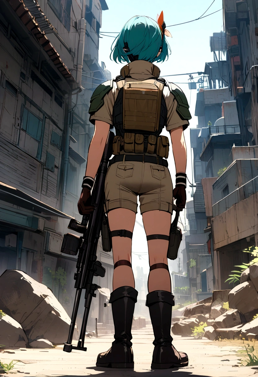Anime, short hair, teal hair, sniper rifle, military-style costume, green, white, black, belt, scarf, gloves, boots, holster, bulletproof vest, high neck, shorts, hair accessory, smile, front view, back view, earpiece, waist belt, shoulder belt, wrist band, hip pocket, gun holder, shoulder pads, shin guards, weapon, character