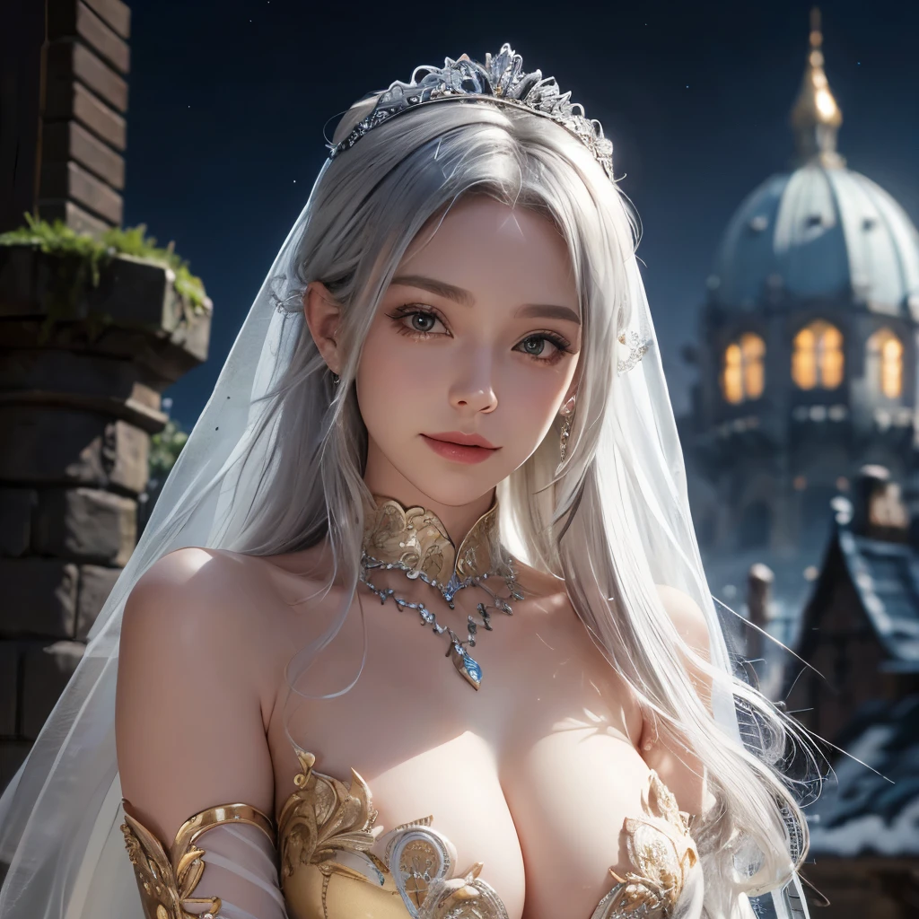 Girl, transparent, see through, silver and gold dress, topless, silver hair, tiara, glove, chokes, silver long sleeves, silver veils, ear wear, detailed hand, oval face, smile, picture form top to knee, sexy pose, extra large breasts, look at camera, camera from top, detailed, night, castle background, photorealistic, best quality