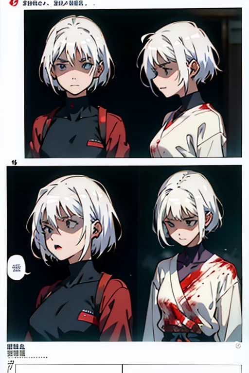 Girl with short white hair small and really skinny, feeling extremely sick, detailed illness, coughing blood, fainting , throwing up, bloody, manga page with panels and dialogue    