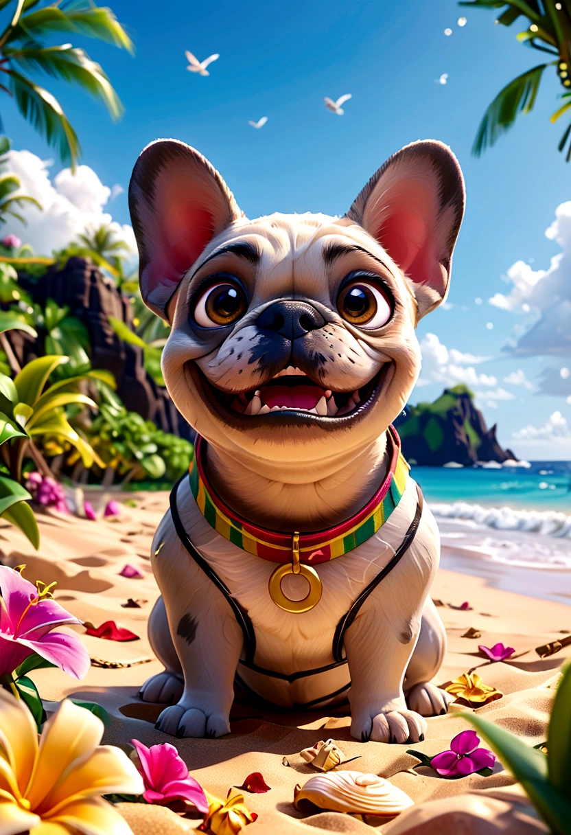 (Highest quality,4K,8K,High resolution,)Private beach in Hawaii at noon、Infinity symbol,3D Model,Colorful colors,Hawaii private beach background、pop,From the central viewer'perspective、French Bulldog iidSummer StylePatissierFashionStyle,To the beach、face、Under the chin、Stomach、head、feet、ear、all、Light grey skinned French bulldog,Very delicate
