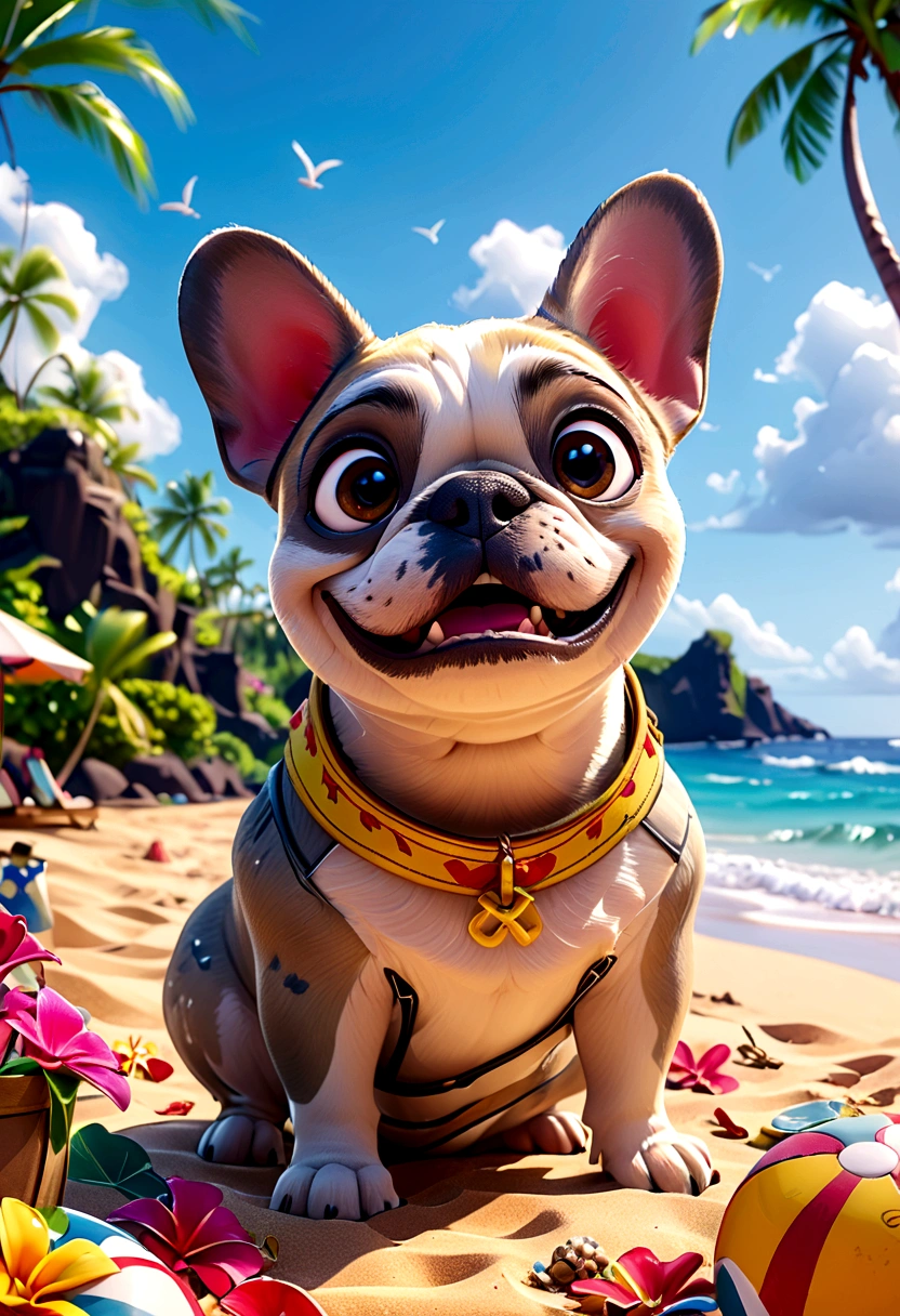 （Highest quality，4K，8K，High resolution，）Private beach in Hawaii at noon、Infinity symbol，3D Model，Colorful colors，Hawaii private beach background、pop，From the central viewer&#39;perspective、French Bulldog iidSummer StylePatissierFashionStyle，To the beach、face、Under the chin、Stomach、head、feet、ear、all、Light grey skinned French bulldog，Very delicate
