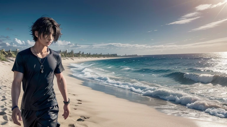 A treasure chest being washed ashore on a desert island by the waves of the sea. The chest is open, revealing a book and a map. An anime boy with a freshly trimmed hairstyle, looking vibrant and healthy, runs to catch it. The scene is set against shades of dark blue and black.