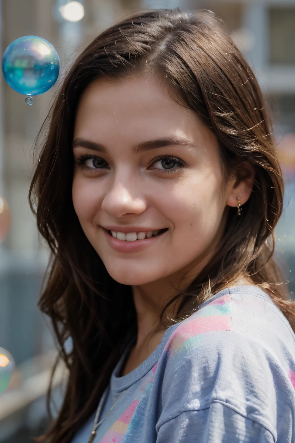 Realistic photo close shot of a beautiful young woman wearing casual clothing, looking at the camera and smiling happily with bubbles around her and a colorful background behind her.