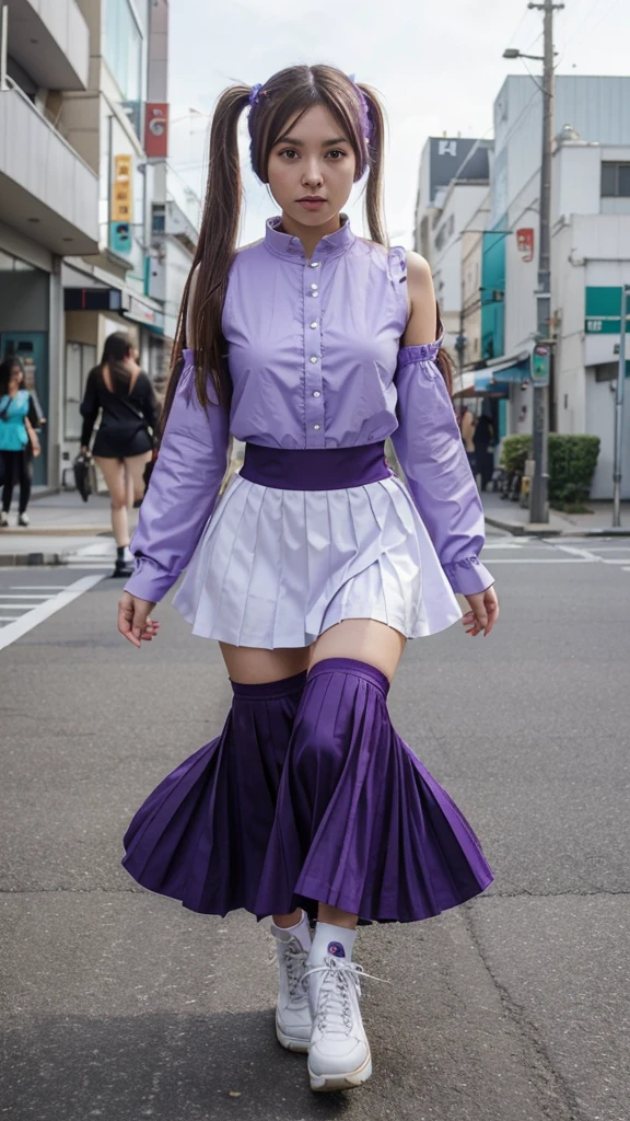 ((masterpiece, best quality))1girl, solo, fashion purple dress modern future, electric guitar, headphones, ponytail, holding, holding plectrum, instrument, very very long brown hair, music, one side up, teal hair, twin tails, playing guiter, pleated long skirt fashion, fashion cosplay japan dress modern purple and white, interior, full body, purple, sit down in retro classic chair, walking, jumping, beautiful boot modern, background japan city, fashion costume cosplay japan modern, execited, dancing, jumping, running, fighting, having lunch