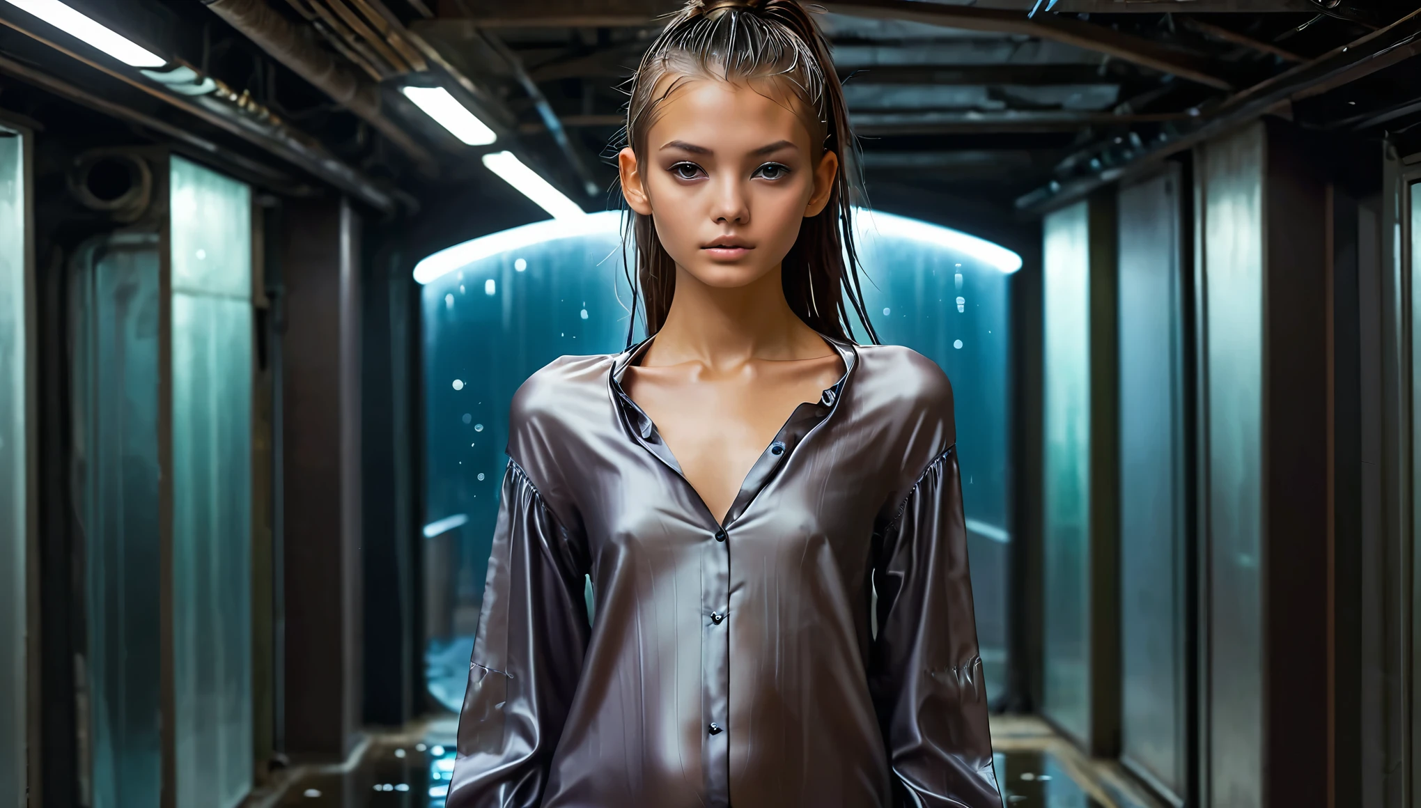 Top Quality, Masterpiece, High Resolution, 8k, (((cute skinny barely legal girl in oversized silky blouse and wetlook leggings, bare belly, wide neckline, deep neckline, small perky breasts, beautiful detailed eyes, beautiful detailed lips, small closed mouth, extremely detailed face, long ponytail hair, small hips))), cyberpunk apartment, moody atmosphere, dramatic and neon colors, futuristic setting, intricate details, at night, full body shot, view from distance 