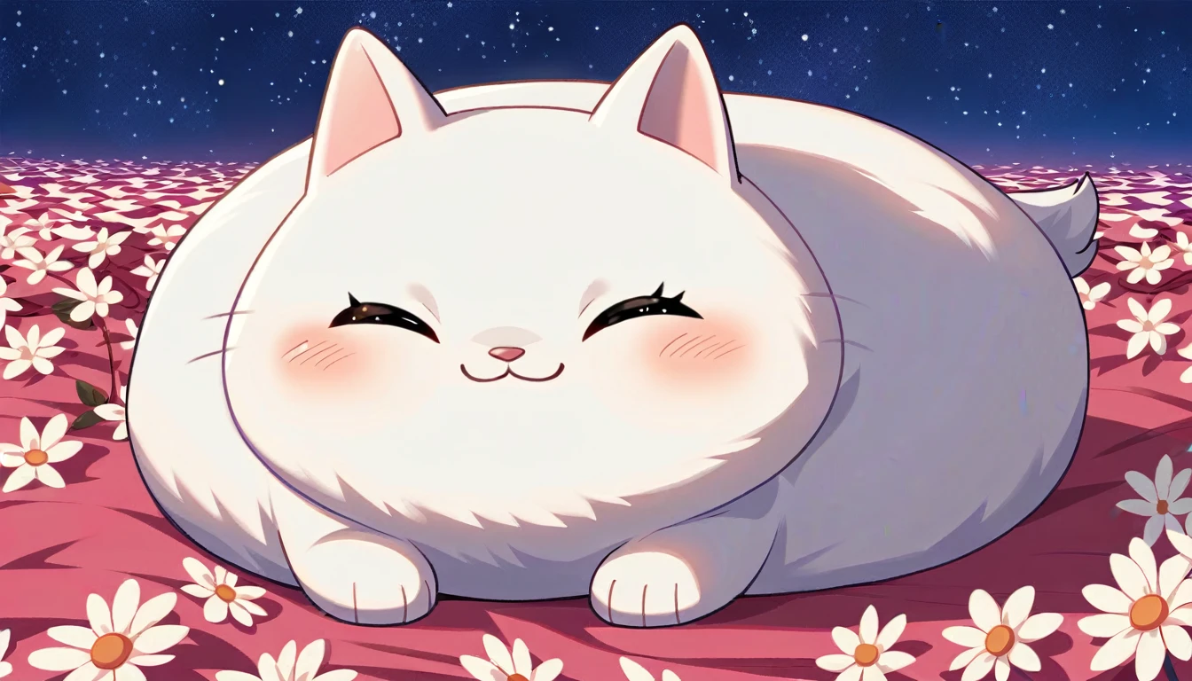 Fluffy white cat、Chibi Style、cute、Fantasy art、１６：９、Sleeping in a flower field、３D Vector Art、Starry sky background、Pixar Style、Anime Style