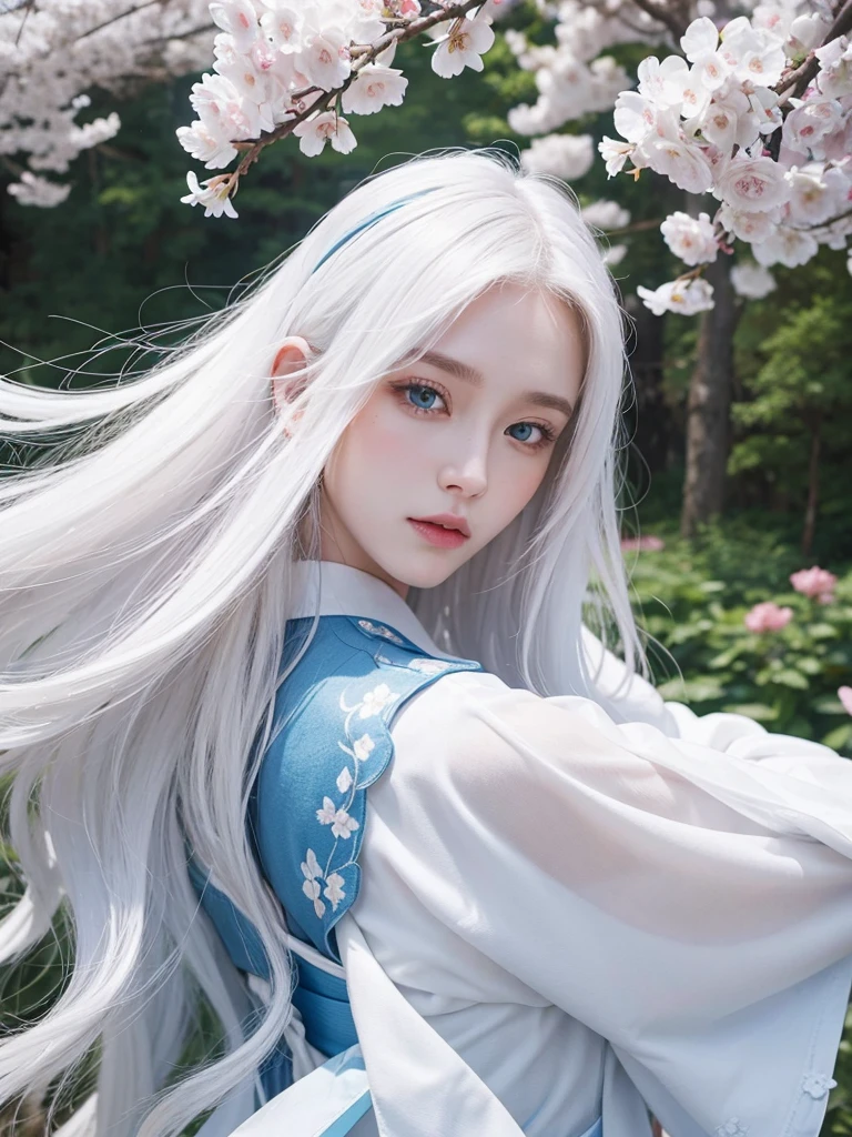 Long white hair, blue eyes, serious features, white skin, loose style, in a garden, with flowers , in the forest ,in the Sakura Korea ,Korean Palace 