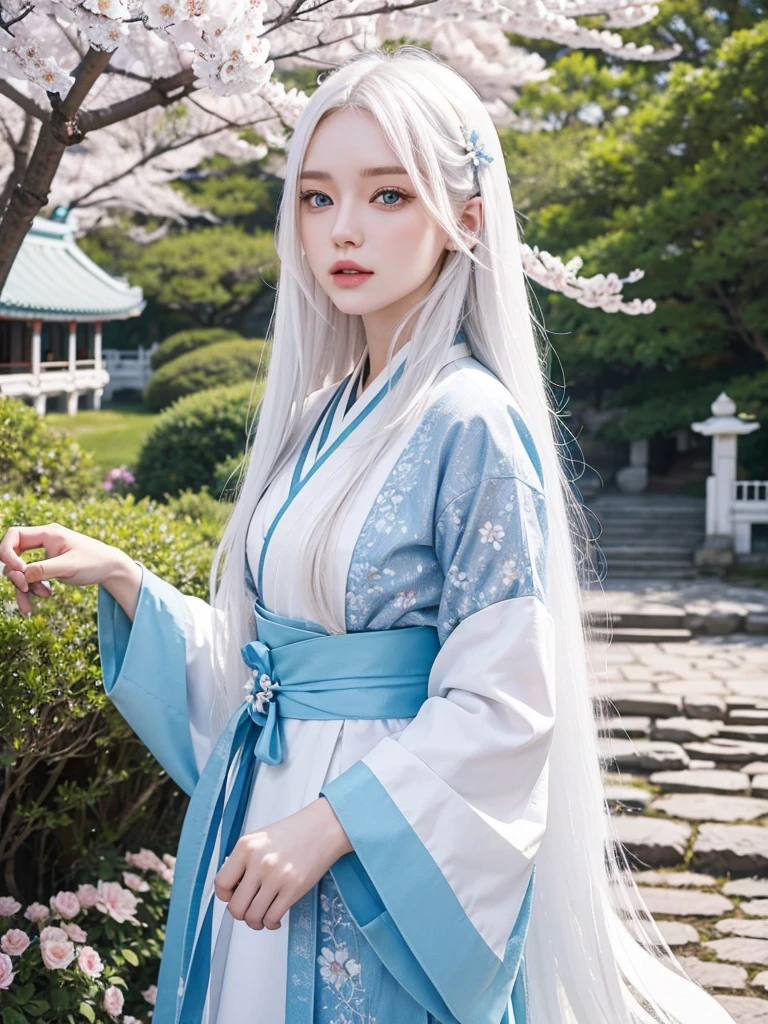 Long white hair, blue eyes, serious features, white skin, loose style, in a garden, with flowers , in the forest ,in the Sakura Korea ,Korean Palace