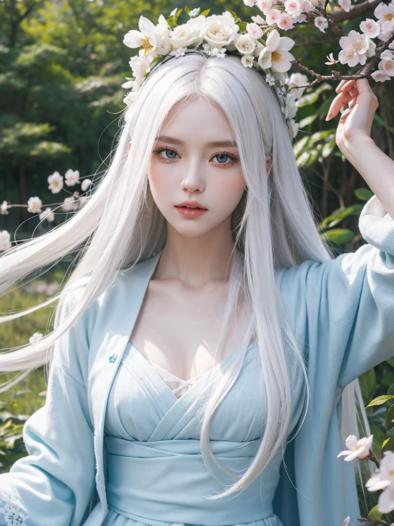 Long white hair, blue eyes, serious features, white skin, loose style, in a garden, with flowers , in the forest ,in the Sakura Korea ,Korean Palace