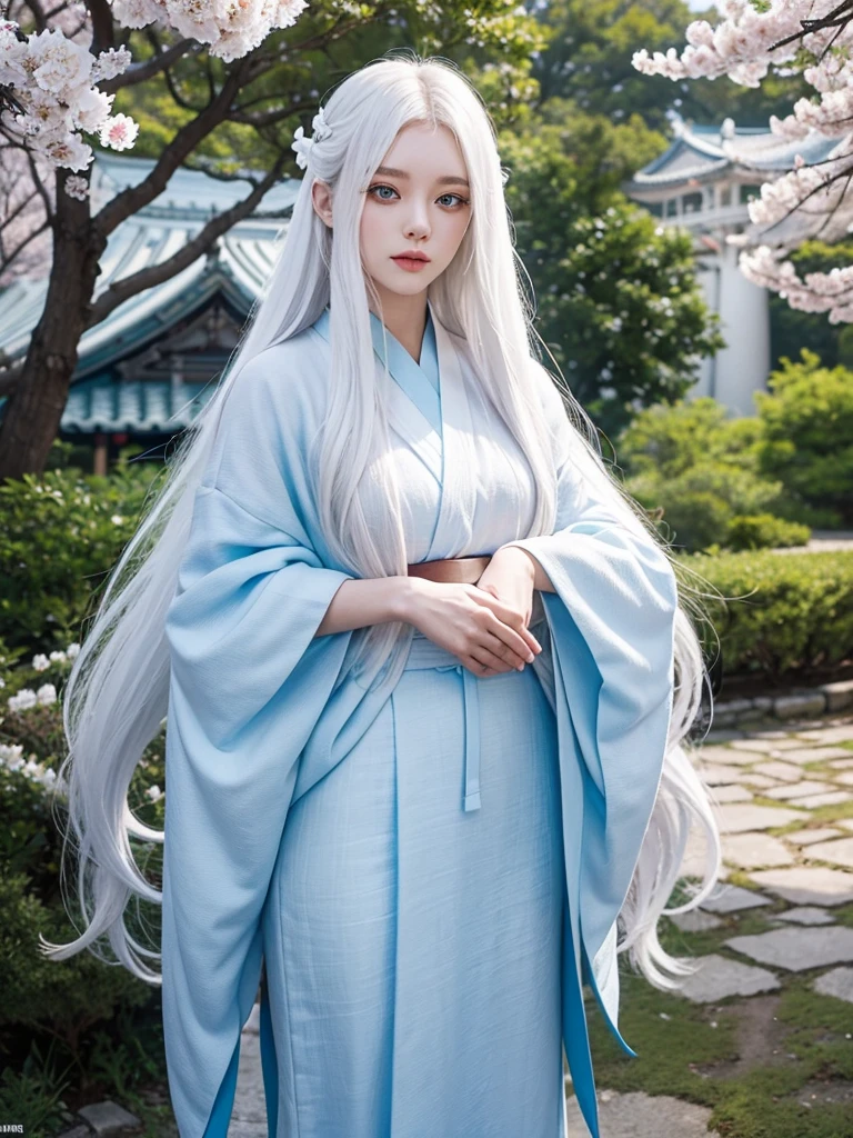 Long white hair, blue eyes, serious features, white skin, loose style, in a garden, with flowers , in the forest ,in the Sakura Korea ,Korean Palace 