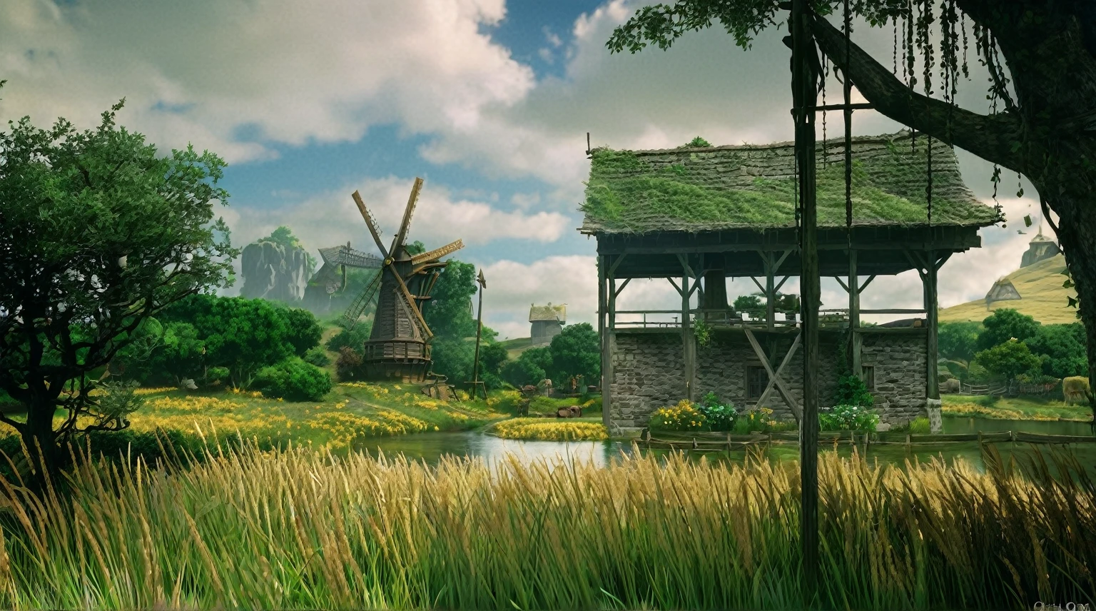 There is a windmill and a house in the middle of the field, Illustration Matte Painting, Highly detailed scenes, Ecological gothic scene, Beautiful landscape rendering, Anime countryside landscape, realistic fantasy render, Background artwork, 3D rendered matte painting, 3D Rendering and Matte Painting, Medieval fantasy landscape, Ultra-detailed 3D Matte Painting
