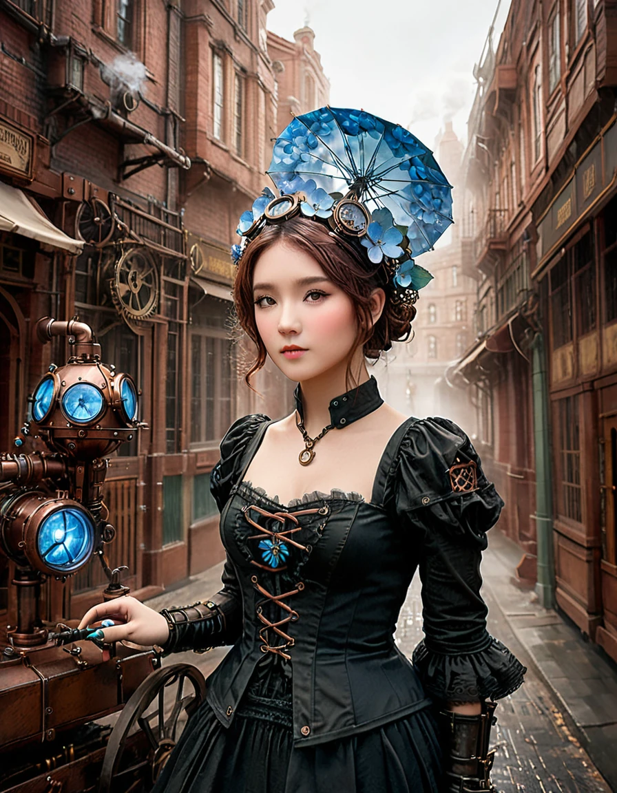 dynamic angle, (close up face), Steampunk Hydrangea Girl paints a beautiful world where machinery and nature harmonize. The girl is dressed in a steampunk-style dress made of copper and iron, and on her head is a meticulously crafted gear headpiece. Around her, colorful hydrangeas bloom wildly, each one mechanically moving and occasionally spouting steam. In her hand is a copper umbrella, from which a cold mist sprays out, moisturizing the hydrangeas. This series of actions, precisely linked like clockwork, creates a beautiful hydrangea garden. It’s a scene that embodies the world of steampunk, where nature and machinery intertwine exquisitely.