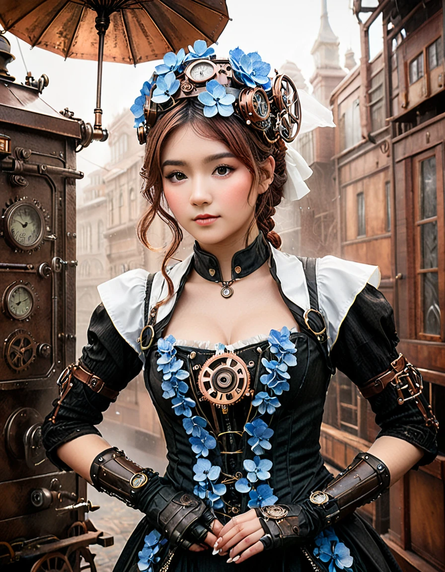 dynamic angle, (close up face), Steampunk Hydrangea Girl paints a beautiful world where machinery and nature harmonize. The girl is dressed in a steampunk-style dress made of copper and iron, and on her head is a meticulously crafted gear headpiece. Around her, colorful hydrangeas bloom wildly, each one mechanically moving and occasionally spouting steam. In her hand is a copper umbrella, from which a cold mist sprays out, moisturizing the hydrangeas. This series of actions, precisely linked like clockwork, creates a beautiful hydrangea garden. It’s a scene that embodies the world of steampunk, where nature and machinery intertwine exquisitely.