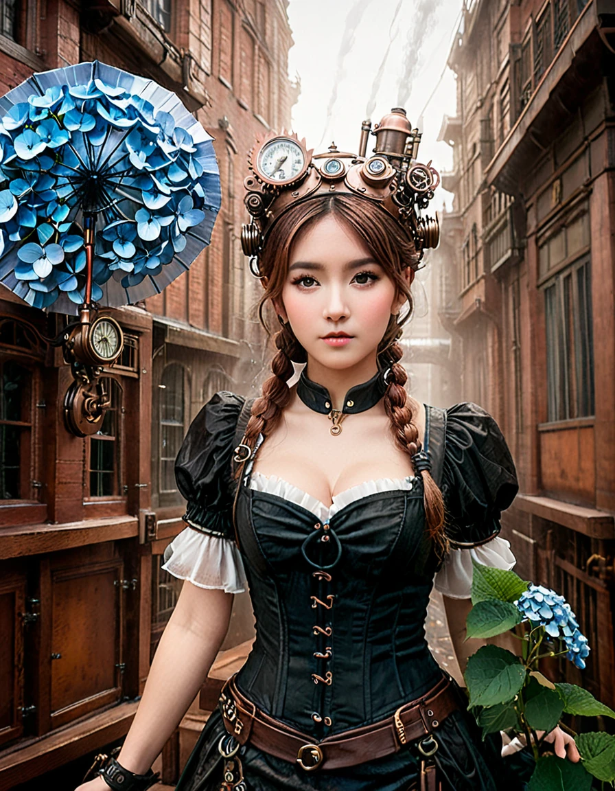 dynamic angle, (close up face), Steampunk Hydrangea Girl paints a beautiful world where machinery and nature harmonize. The girl is dressed in a steampunk-style dress made of copper and iron, and on her head is a meticulously crafted gear headpiece. Around her, colorful hydrangeas bloom wildly, each one mechanically moving and occasionally spouting steam. In her hand is a copper umbrella, from which a cold mist sprays out, moisturizing the hydrangeas. This series of actions, precisely linked like clockwork, creates a beautiful hydrangea garden. It’s a scene that embodies the world of steampunk, where nature and machinery intertwine exquisitely.