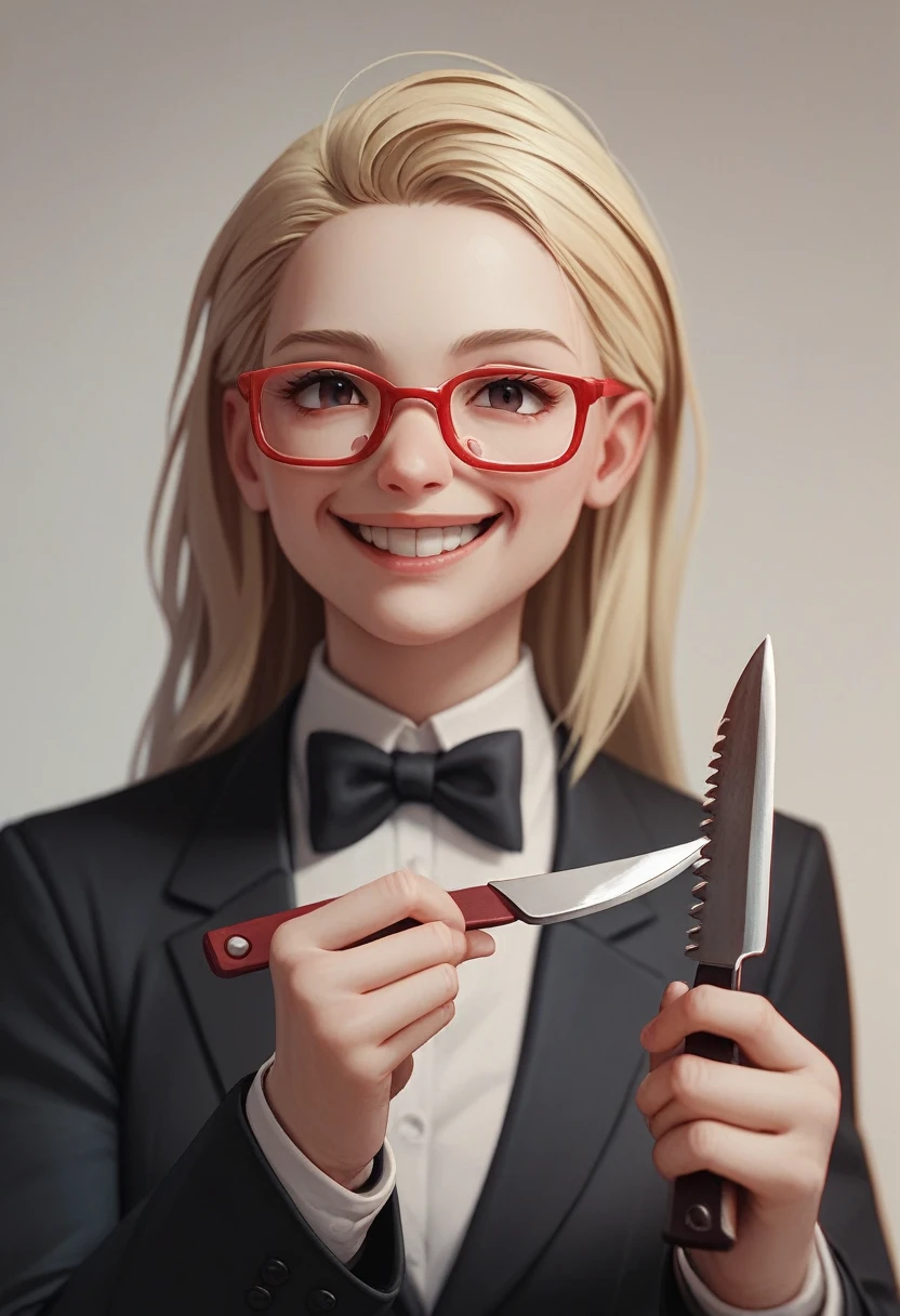 (a happy long hair blonde woman), (only the bust), (Black Suit), (Red glasses), (open fathom holding fork), (holding a knife), (3d style image).
