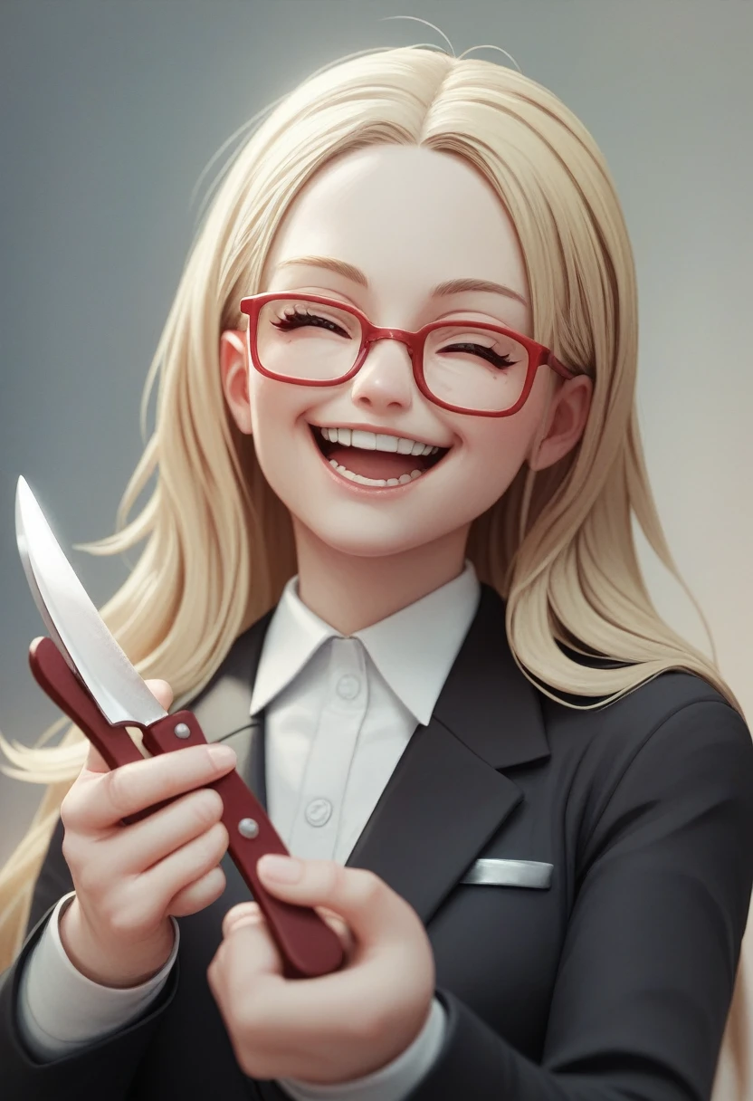 (a happy long hair blonde woman), (only the bust), (Black Suit), (Red glasses), (open fathom holding fork), (holding a knife), (3d style image).
